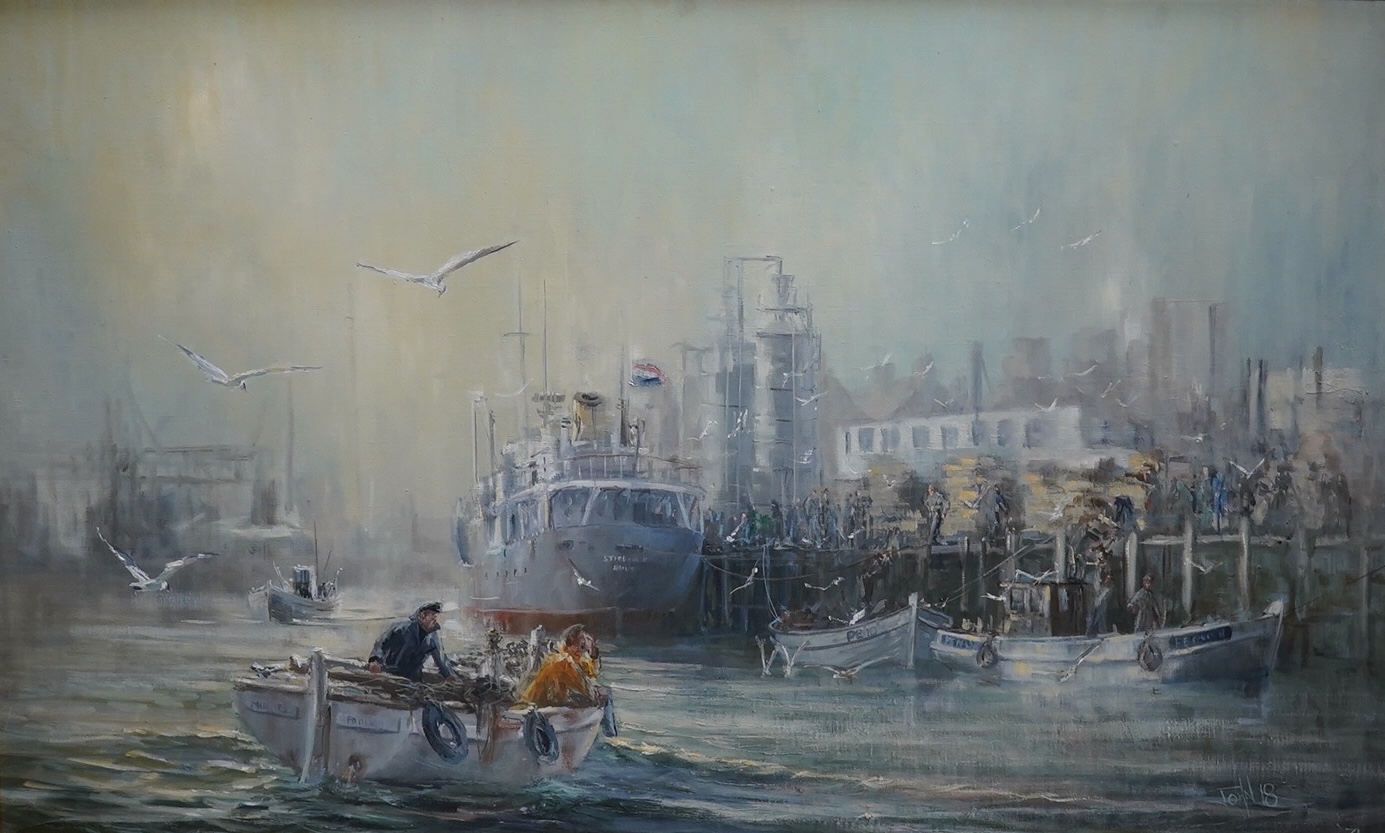 John, oil on canvas, Shipping scene with fishing boats, signed and dated '18, 60 x 100cm. Condition - good